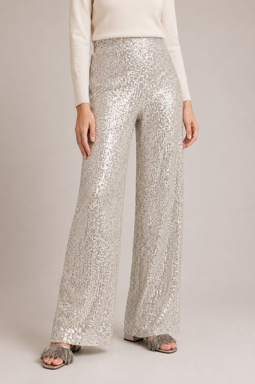 Black Label By Chico's Sequin Pull-On Wide Leg Pajama Pants Perfect Beige 12 NWT